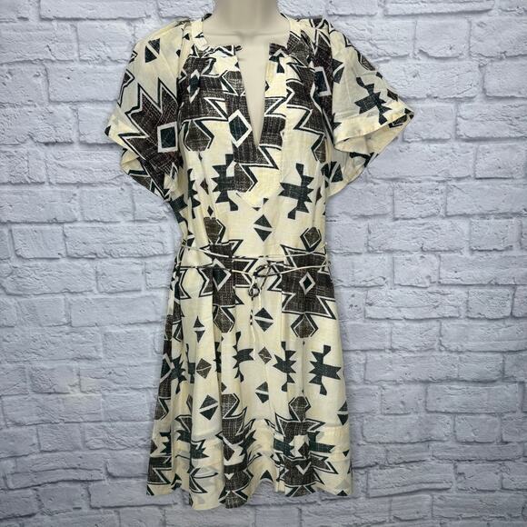 Maria Cher Formosa Carol Short Dress Mix 1 Cream Green Size L Aztec Tie Belt - Picture 2 of 10